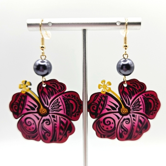 CPink Hibiscus Lightweight Acrylic Tropical Flower Earrings New - Picture 1 of 3
